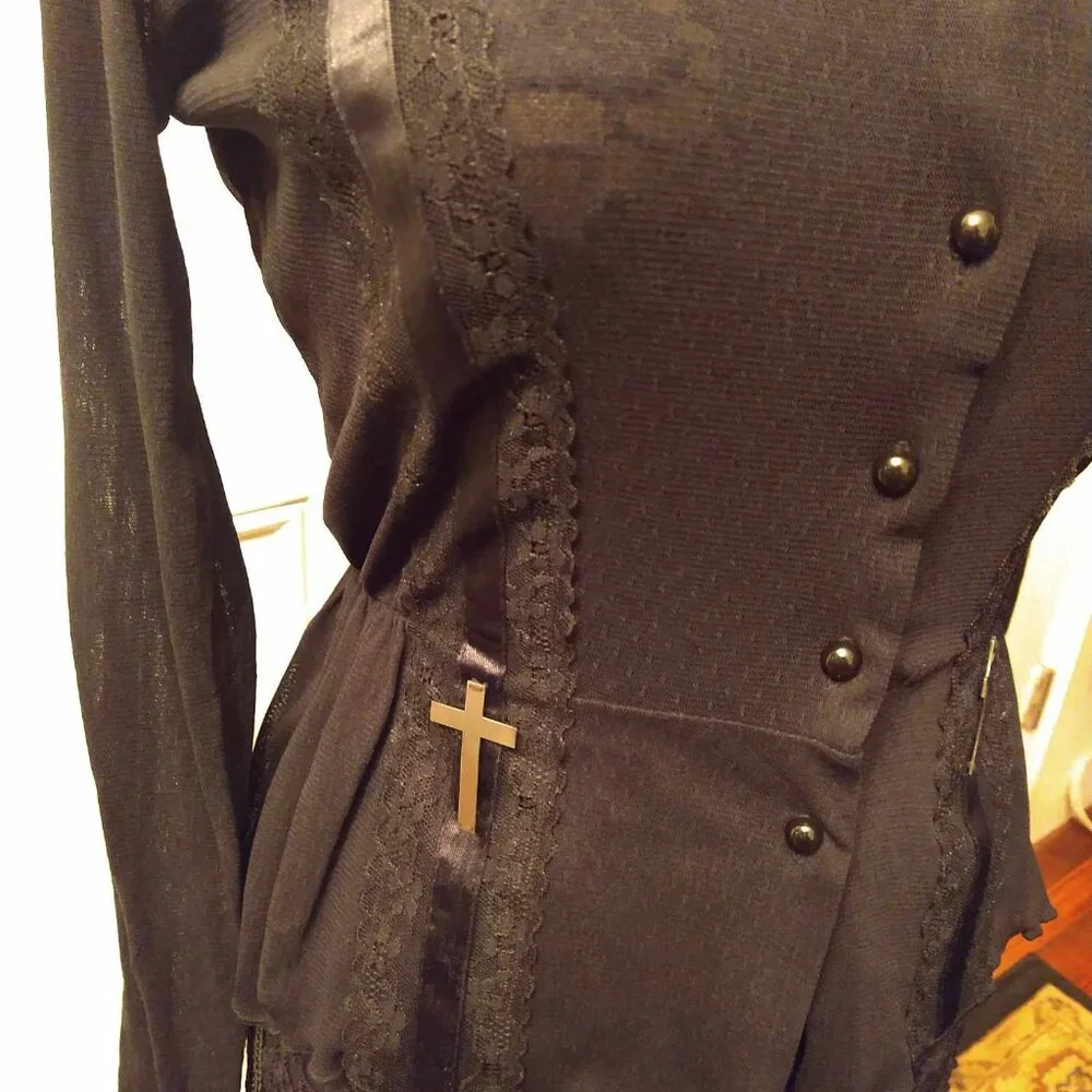 Vintage Lace Blouse w Metal Crosses, Ruffled Collar & Cuffs, Polka Dots OOAK - Picture 4 of 8
